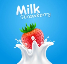 动感新鲜草莓与牛奶背景矢量素材图片