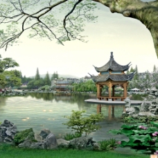 荷花江南庭院风景背景图