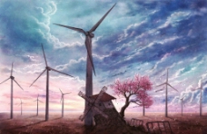 天空风车与樱花树图片