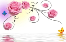 现代浪漫玫瑰花卉倒影水纹背景墙图片
