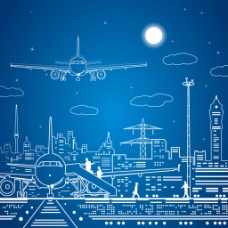 飞机与城市线条插画素材下载