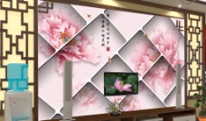 客厅无框画客厅3D牡丹花纹电视背景墙图片
