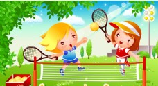 儿童运动可爱卡通儿童网球运动矢量素材