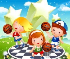 儿童运动可爱卡通儿童篮球运动矢量素材
