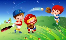 儿童运动卡通儿童垒球运动矢量素材