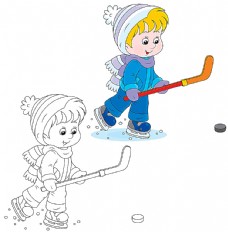 儿童打冰球的男孩卡通画