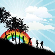 天空儿童剪影和彩虹背景