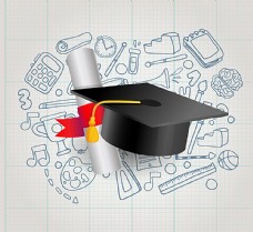 书本博士帽与毕业证书矢量素材图片
