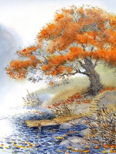 秋天树木水彩画