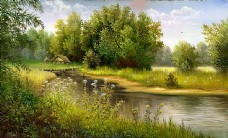 大自然河流和树木自然风景油画图片
