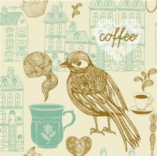 咖啡杯怀旧鸟雀插画矢量素材