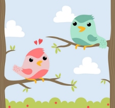 爱上卡通树枝上的两只小鸟