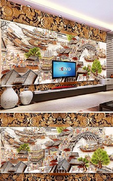 沙发背景墙中国风山水画木雕背景墙图片