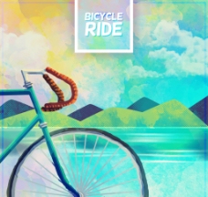水彩自行车和景观背景