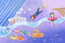 儿童画和美人鱼一起游泳 PSD分层