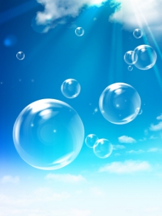 透明素材蓝天下的透明泡泡PSD分层素材