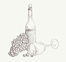 手绘葡萄酒与酒杯