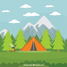 篝火橙色野营帐篷在一个美丽的风景
