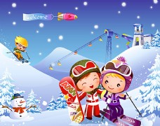孩子卡通儿童滑雪矢量图图片