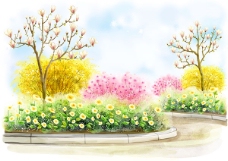 春天风景韩式风景春天花园插画设计psd素材下载