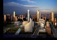 水彩效果城市高楼大厦鸟瞰图PSD分层素材
