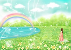水彩效果女孩在湖边看彩虹水彩风格