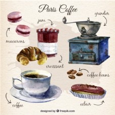 咖啡杯手涂巴黎咖啡元素