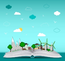 书本中的绿色城市插画矢量图
