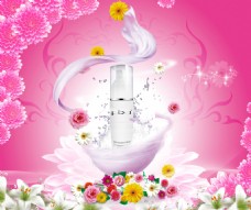 粉色背景花朵化妆品海报