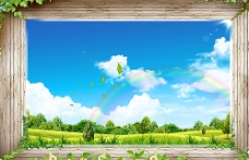蓝天白云草地木框风景背景图片