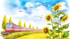 蓝天白云草地晴空万里夏日风景火车手绘插画图片
