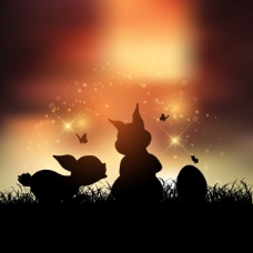 节日在落日的天空的复活节兔子的剪影