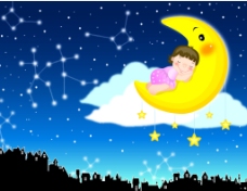 浪漫星空睡在月亮上的孩子
