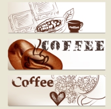 咖啡杯3款复古手绘咖啡banner矢量图