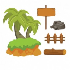 绿树棕榈树石头和木头信号