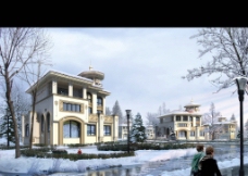 别墅景观雪景图图片