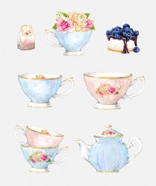 玫瑰茶壶下午茶唯美手绘水彩PS素材