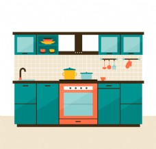 蓝绿色调厨房设计矢量图