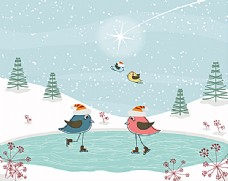 圣诞节滑冰的卡通小鸟节背景