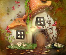 鲜花摄影卡通可爱蘑菇屋影楼摄影背景图片
