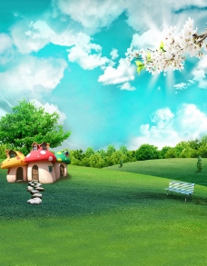 儿童摄影背景 草地上的蘑菇屋图片