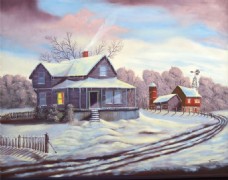 乡村雪景油画图片