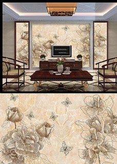 沙发背景墙大理石手绘花纹背景墙图片
