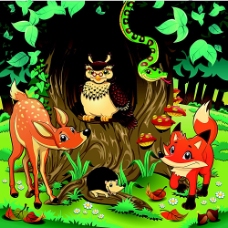 绿色叶子猫头鹰和树木边的动物卡通画