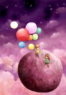 天空儿童画紫色星球上的小王子和小公举PSD
