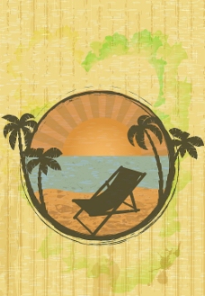 黄色背景怀旧夏日海滩风景插画
