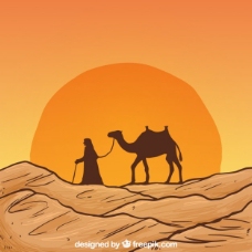 用骆驼剪影手绘沙漠景观