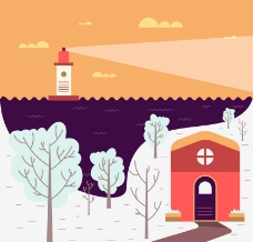 卡通冬季海港风景矢量素材
