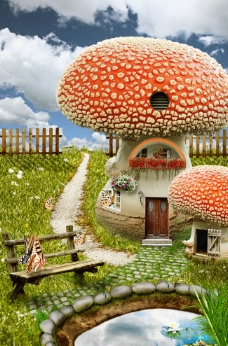 儿童摄影背景 美丽蘑菇房子图片