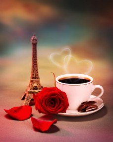 梦幻背景下的咖啡与红玫瑰